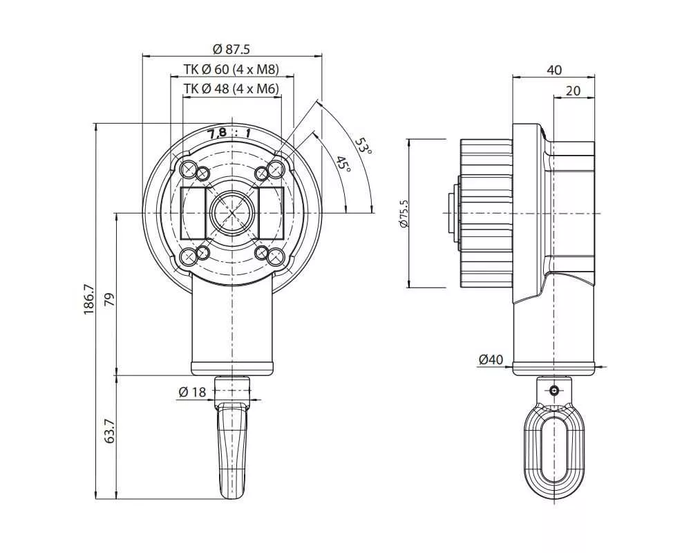 Geiger Kegelradgetriebe 7,8:1 für Tuchwelle 85 mm